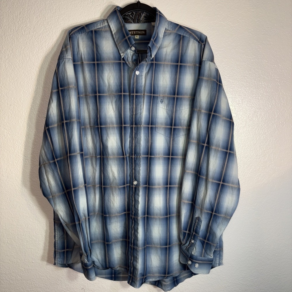 STETSON MEN'S‎ SIZE XL 100% COTTON LONG SLEEVE DRESS SHIRT Blue Plaid Checkered
